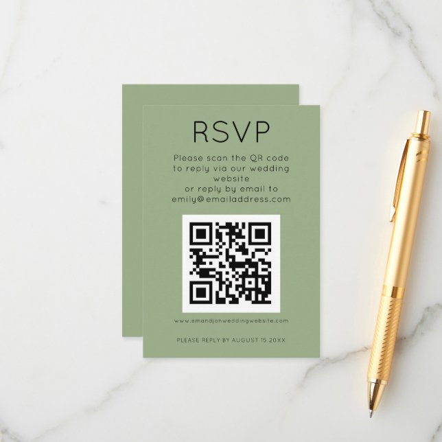 Einfaches QR Code Sage Green Wedding RSVP Begleitkarte (Vorderseite/Rückseite Beispiel)