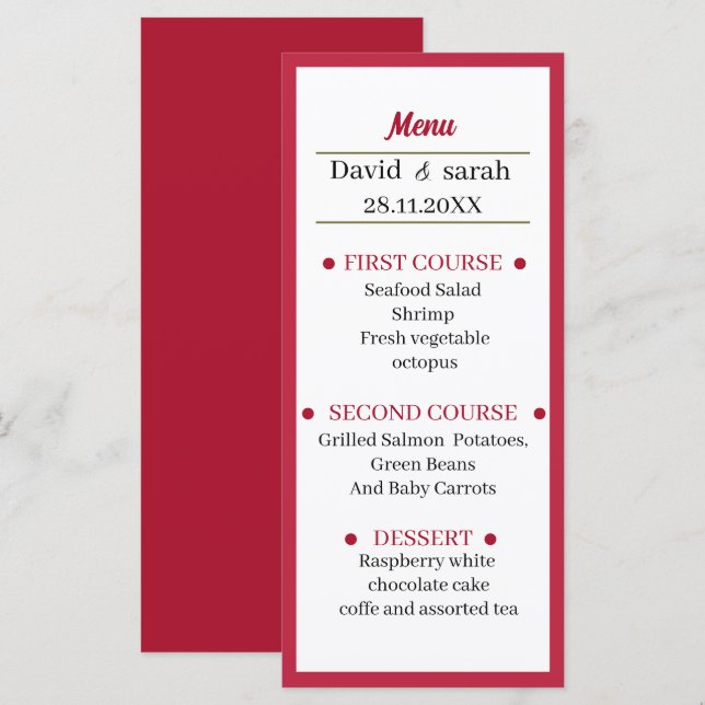 Einfaches Red Wedding Dinner Menükarte (Vorne/Hinten)