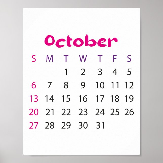 Einfaches Rosa Kalender Oktober 2023 Poster (Vorne)
