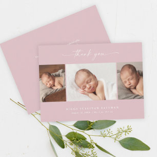 Einfaches rosa Schriftfoto-Collage Baby Dankeskarte