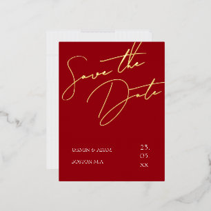 Einfaches rotes Skript Goldfolie Save-the-Date Folie Einladungspostkarte