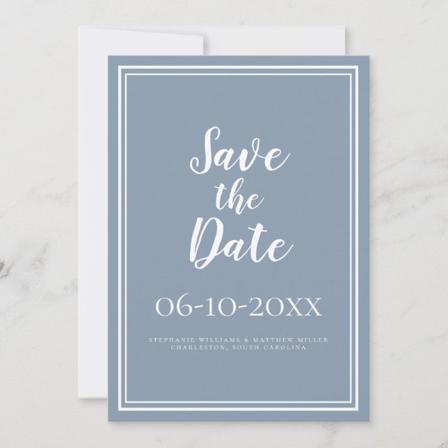 Einfaches Save the Date Hochzeitskript Dusty Blue (Vorderseite)