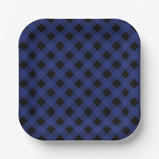 Einfaches Schwarz-Blau-Kariertes Muster Pappteller (Vorderseite)