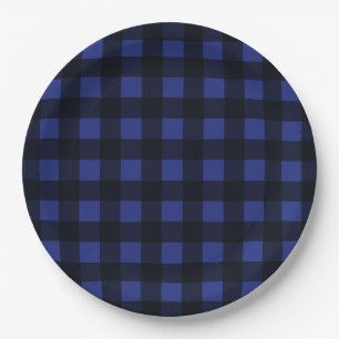 Einfaches Schwarz-Blau-Kariertes Muster Pappteller