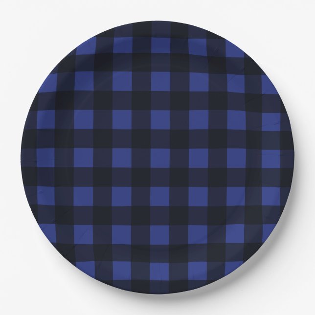 Einfaches Schwarz-Blau-Kariertes Muster Pappteller (Vorderseite)