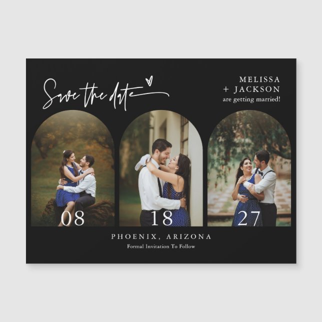 Einfaches Schwarz-Minimal Save the Date Tri-Arch-F Magnetkarte (Vorderseite)