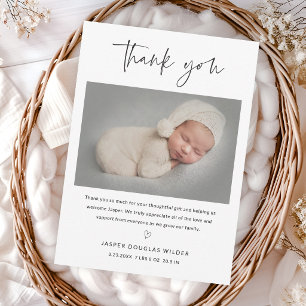 Einfaches Schwarz-Weiß-Babyfoto mit Skript-Schrift Dankeskarte