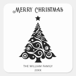 Einfaches Schwarz-Weiß-Frohe Weihnachtsbaumgeschen Quadratischer Aufkleber