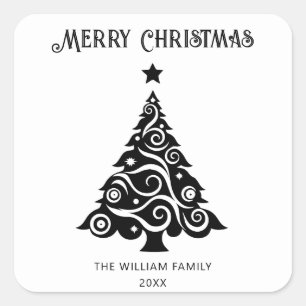 Einfaches Schwarz-Weiß-Frohe Weihnachtsbaumgeschen Quadratischer Aufkleber