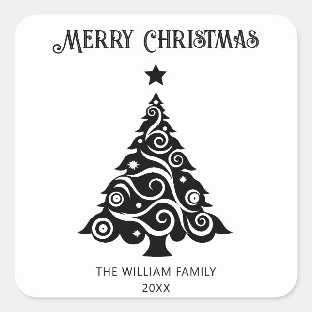 Einfaches Schwarz-Weiß-Frohe Weihnachtsbaumgeschen Quadratischer Aufkleber (Vorderseite)