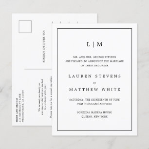Einfaches Schwarz-Weiß-Monogramm Elegante Hochzeit Ankündigungspostkarte