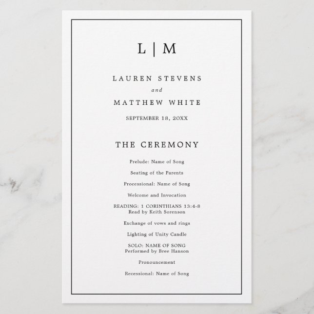 Einfaches Schwarz-Weiß-Programm für Hochzeiten Flyer (Vorne)