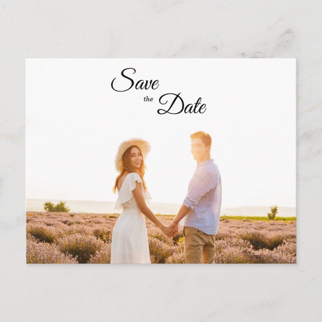 Einfaches Schwarz-weißes Foto Save the Date Ankündigungspostkarte (Vorderseite)