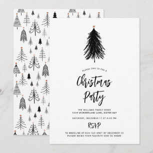 Einfaches Schwarz-weißes Weihnachtsbaum-Party Einladung