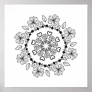 Einfaches schwarzes florales Mandala auf weißem Hi Poster