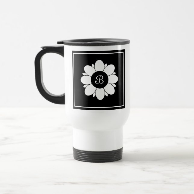 Einfaches Schwarzweiß-Blume-Design Reisebecher (Links)