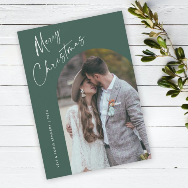 Einfaches Script Boho Arch Weihnachten (Simple script boho arch photo Christmas holiday card with modern elegant handwritten typography.)