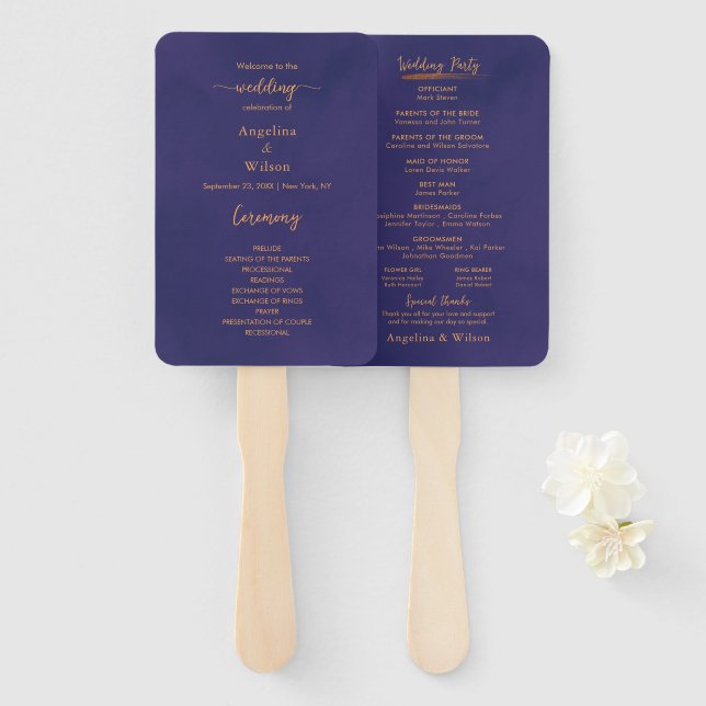 Einfaches Script-Elegantes Lila-Gold-Hochzeitsprog Fächer (Vorne und Hinten)