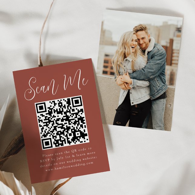 Einfaches Script Rust Foto QR Code Hochzeit RSVP Begleitkarte (Von Creator hochgeladen)