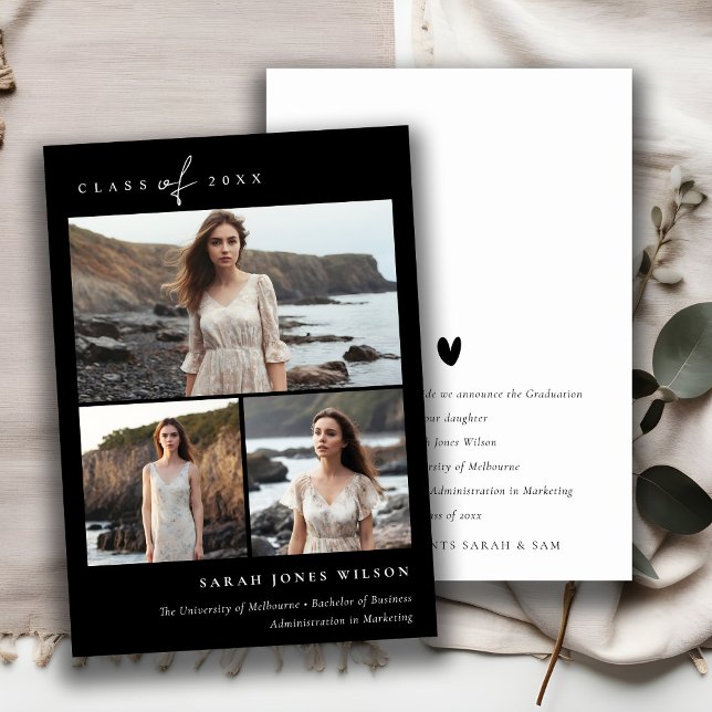 Einfaches Script Schwarz & Weiß 3 Foto Abschluss Ankündigung (Von Creator hochgeladen)