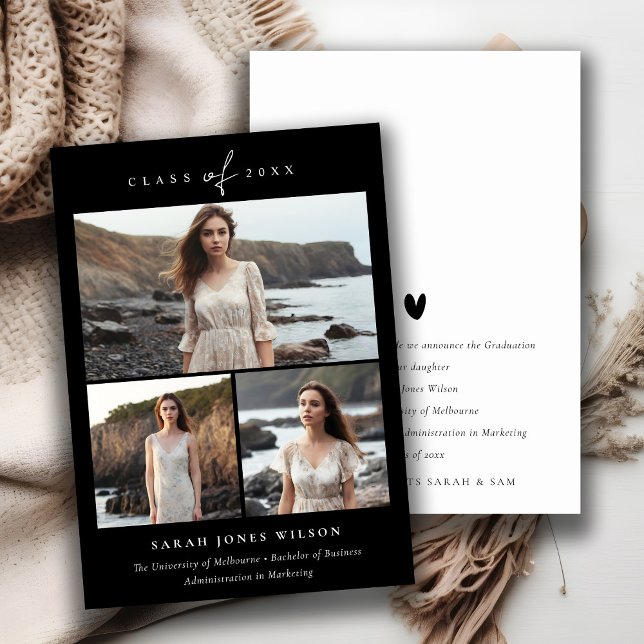 Einfaches Script Schwarz & Weiß 3 Foto Abschluss Ankündigung (Von Creator hochgeladen)