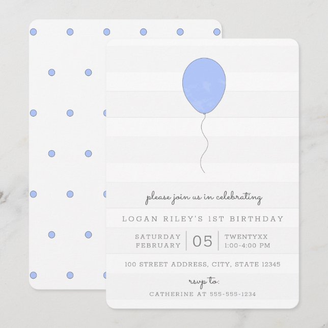 Einfaches Shabby Chic Blau und Grauer Ballon Gebur Einladung (Vorne/Hinten)