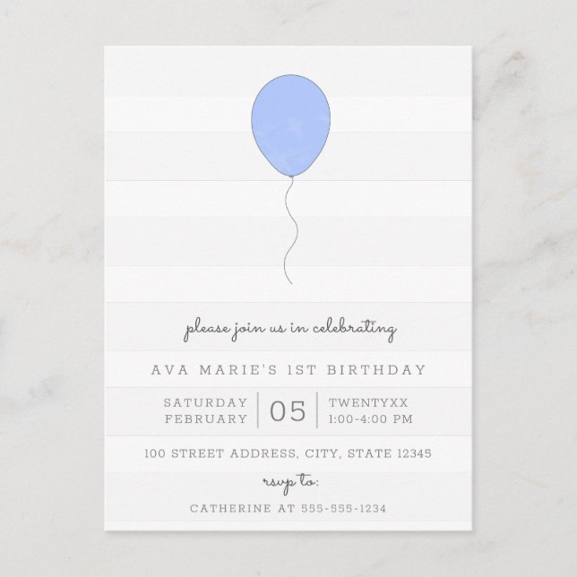 Einfaches Shabby Chic Grau und Blauer Ballon Gebur Postkarte (Vorderseite)