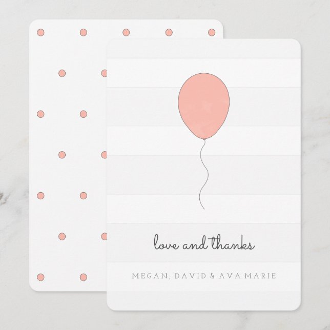Einfaches Shabby Chic Grau und Rosa Ballon Geburts Dankeskarte (Vorne/Hinten)