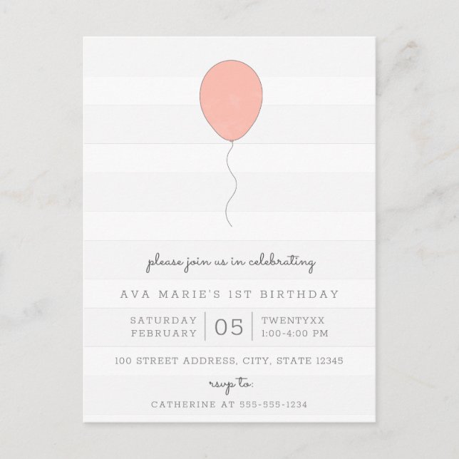 Einfaches Shabby Chic Grau und Rosa Ballon Geburts Postkarte (Vorderseite)