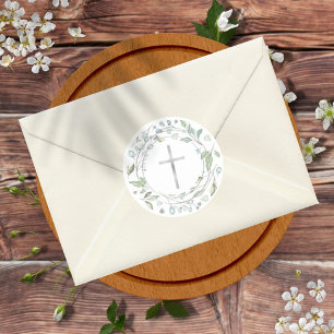 Einfaches silbernes Kreuz Lorbeer Kranz Grünzeug Runder Aufkleber
