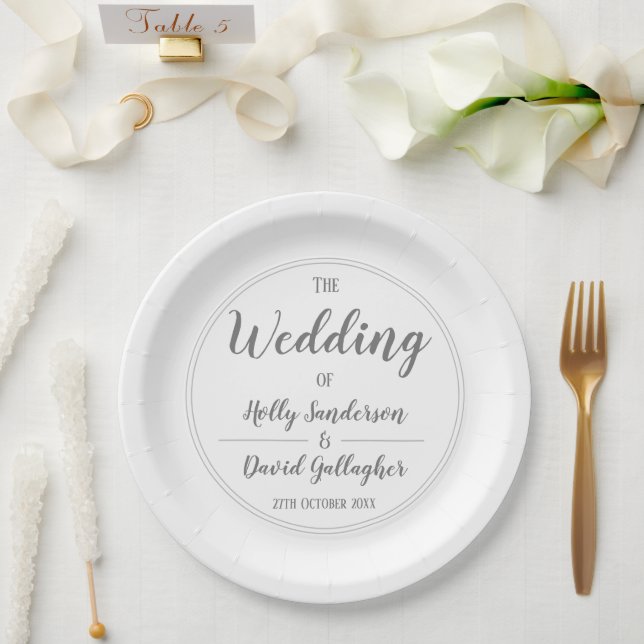 Einfaches Silver Gray & White Wedding Day Pappteller (Hochzeit)