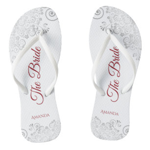 Einfaches Silver Lace & Red Script The Bride Weddi Flip Flops