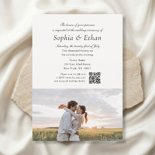Einfaches Skript 2 Foto QR Code Off White Hochzeit Einladung