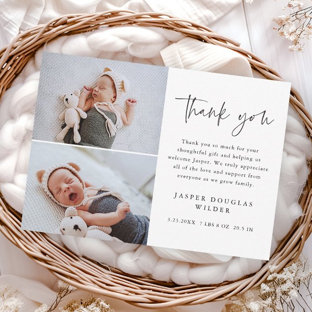 Einfaches Skript Baby Foto Dankeskarte (Simple modern script 2 photo baby thank you cards.)