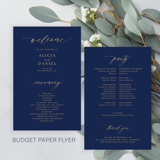 Einfaches Skript Budget Gold Navy Hochzeitsprogram Flyer (Von Creator hochgeladen)