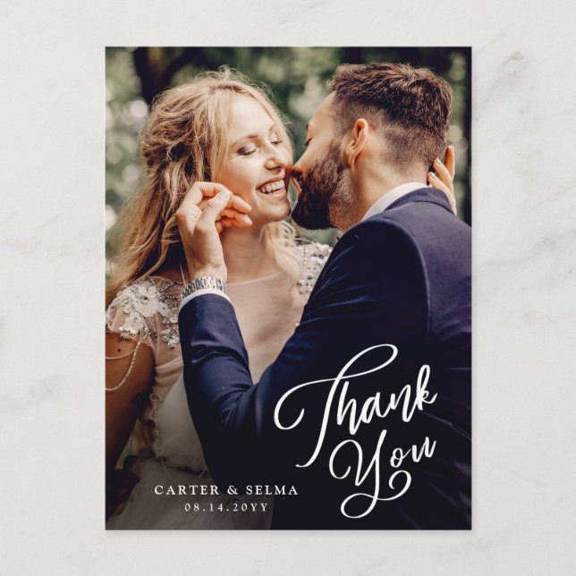 Einfaches Skript-Foto Hochzeit Vielen Dank Postkarte (Vorderseite)