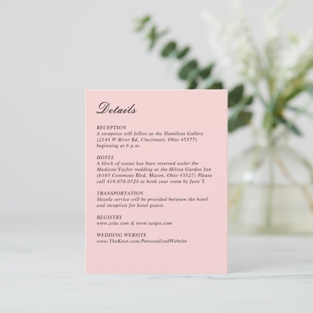 Einfaches Skript Hübsch rosa Hochzeit vertikal Begleitkarte (Stehend Vorderseite)
