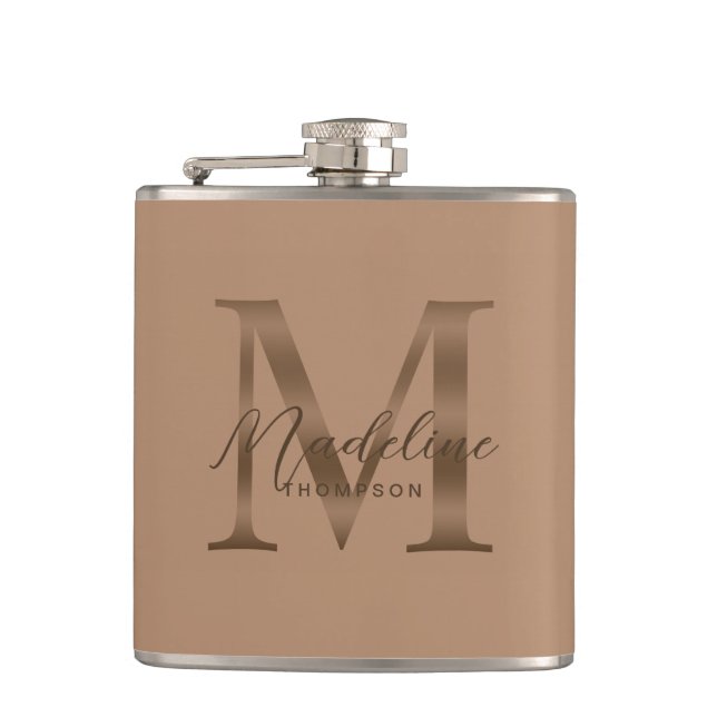 Einfaches Skript Metallisches Taupe Gold Monogramm Flachmann (Vorderseite)