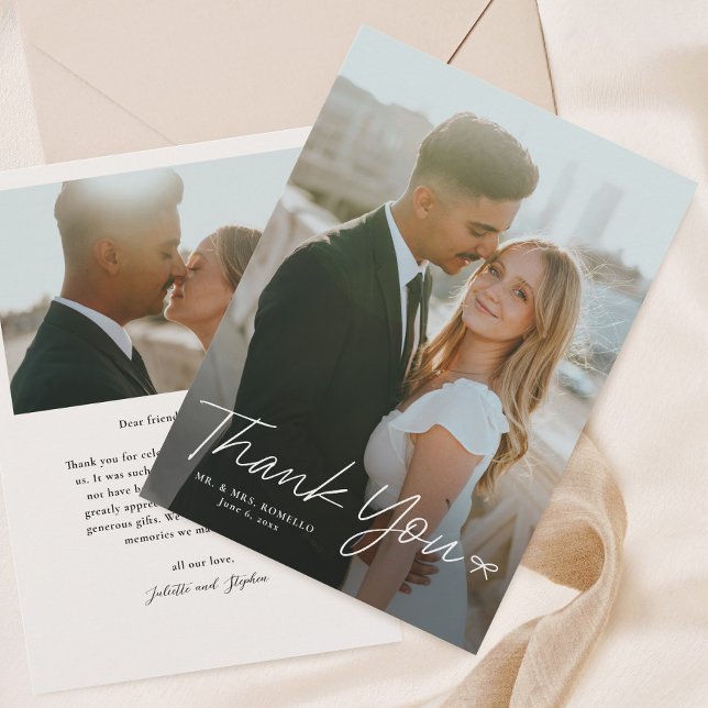Einfaches Skript mit Bow Foto Wedding Dankeskarte (Handwritten Wedding Photo Thank You cards with bow.)