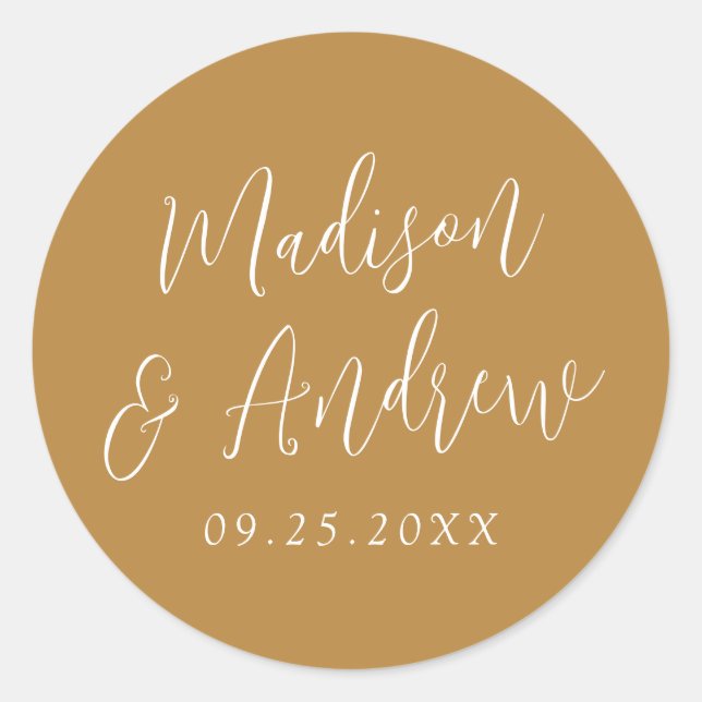 Einfaches Skript Personalisiert Ochre Wedding Runder Aufkleber (Vorderseite)