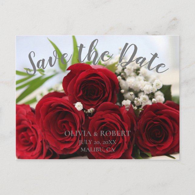Einfaches Skript - rote Rosen Save the Date Postkarte (Vorderseite)