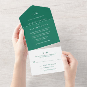Einfaches Smaragdgrün Monogramm Elegante Hochzeit All In One Einladung