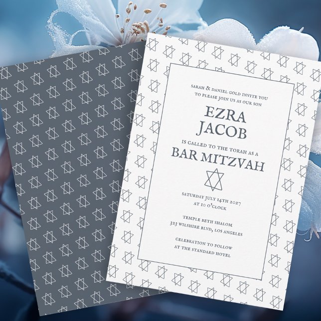 Einfaches Star von David Custom B'nai Bat Bar Mitz Einladung (Simple Star of David Pattern Minimalist Elegant Custom B'nai Bat Bar Mitzvah Invitation Blue White
)