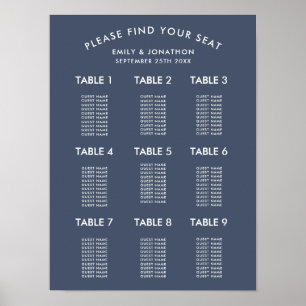 Einfaches Staubiges Marineblau Hochzeits-Sitzplan Poster