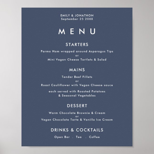Einfaches Text Dusty Navy Blue Wedding Menu Poster (Vorne)