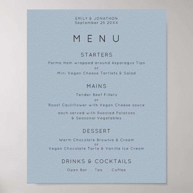 Einfaches Text Staubblau Hochzeitsmenü Poster (Vorne)