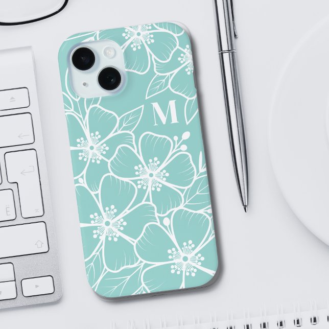 Einfaches Türkis-Blau-Blumen-Initial-Monogramm Case-Mate iPhone Hülle (Simple Teal Blue Floral Initial Monogram iPhone 15 Case)