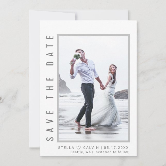Einfaches und modernes Grau-Script-Foto Hochzeit Save The Date (Vorderseite)