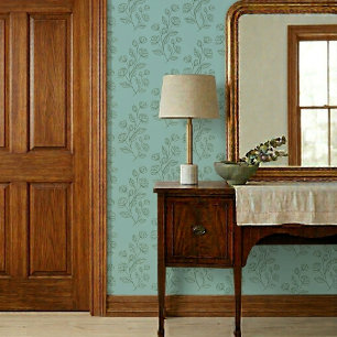 Einfaches Vintage Grünes Blumenmuster auf Blau Tapete