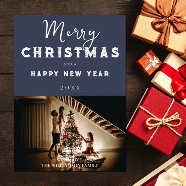 Einfaches Weihnachts-Foto | Blau Feiertagskarte (Blue Simple Christmas Photo Holiday Card)